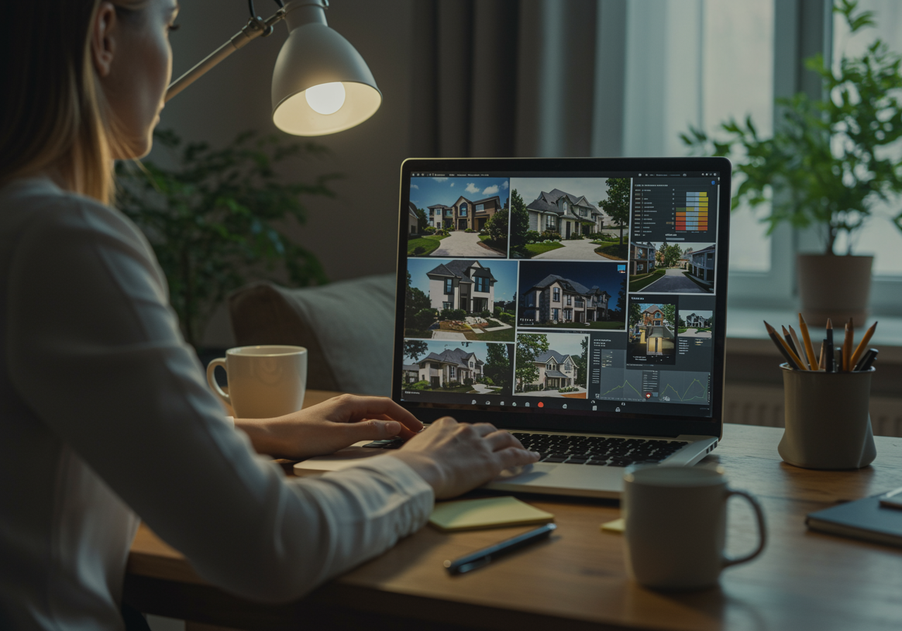 "Oficina en casa de un asesor inmobiliario en videollamada con un cliente, mostrando imágenes de propiedades y gráficos en la pantalla, en un ambiente profesional acogedor con plantas."