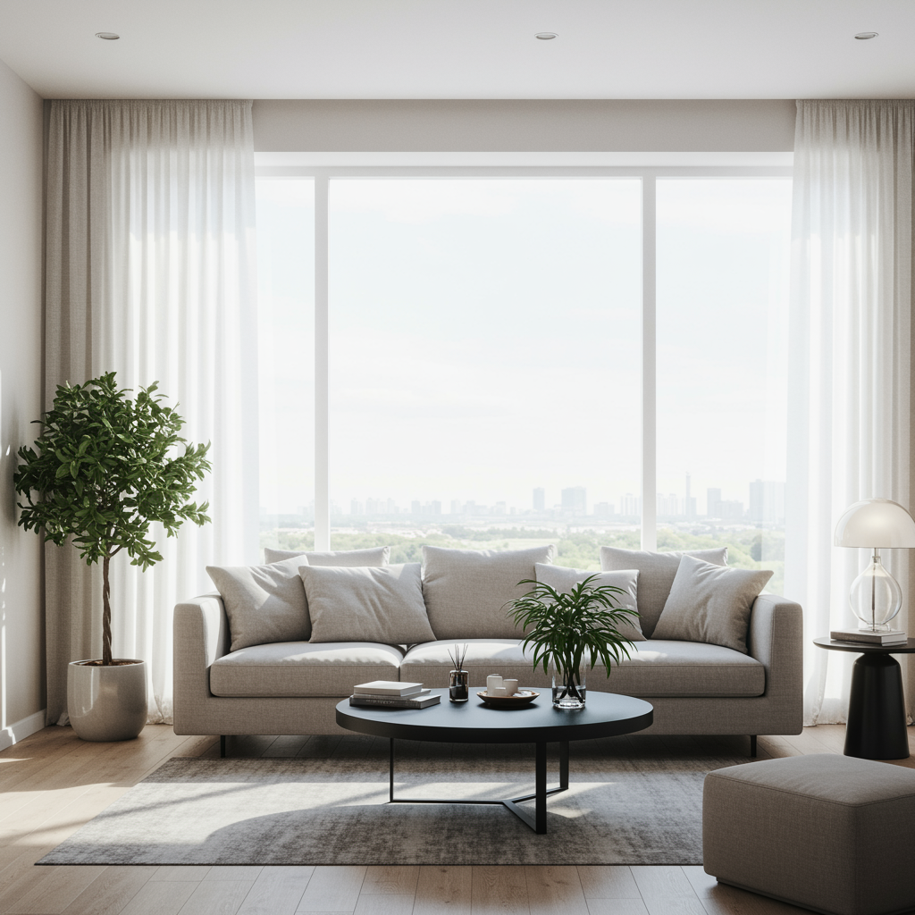 "Salón moderno luminoso ideal para alquiler, con sofá cómodo, mesa de café elegante, plantas en maceta y grandes ventanales que permiten la entrada de luz natural."