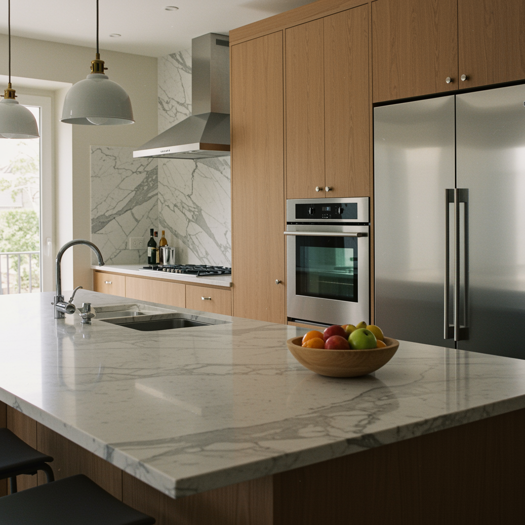 "Moderna cocina contemporánea con encimeras de mármol, electrodomésticos de acero inoxidable y detalles en madera, iluminada por luz natural y con un diseño acogedor."