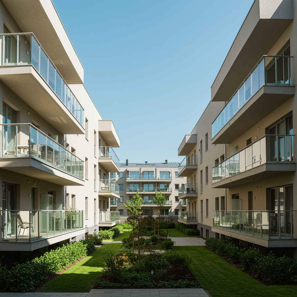 "Complejo de apartamentos modernos con balcones de cristal y jardines paisajísticos bajo un cielo azul, fotografía inmobiliaria profesional."