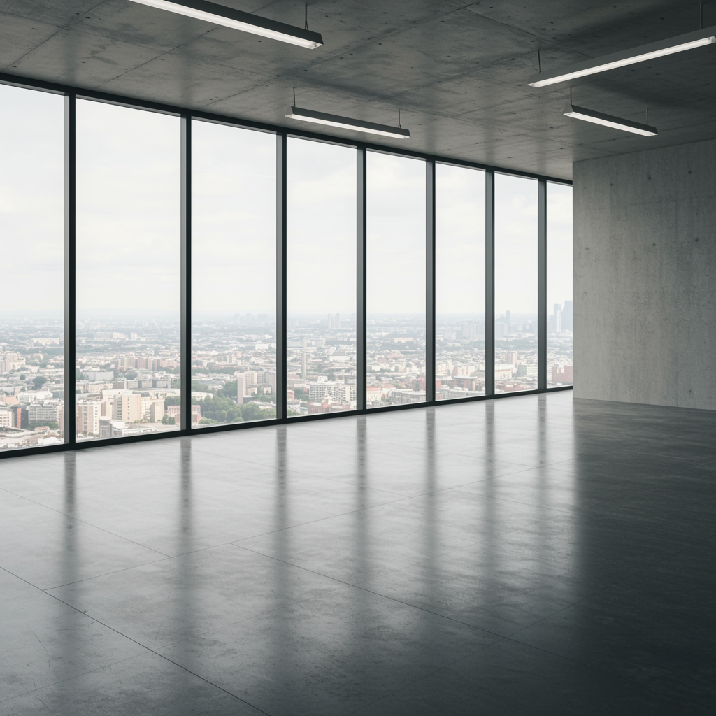 "Oficina amplia en alquiler con ventanas de piso a techo, vistas a la ciudad, paredes neutrales y luz natural brillante."
