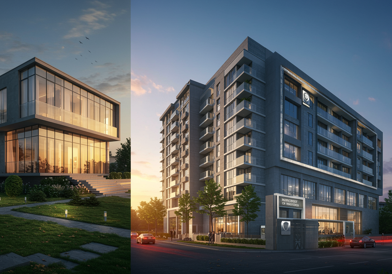 imagen7 1 2 "Collage arquitectónico ultra-realista en alta resolución que destaca oportunidades inmobiliarias de lujo, incluyendo una villa moderna de vidrio, un condominio urbano y una oficina comercial estilizada, con colores vivos y detalles nítidos."