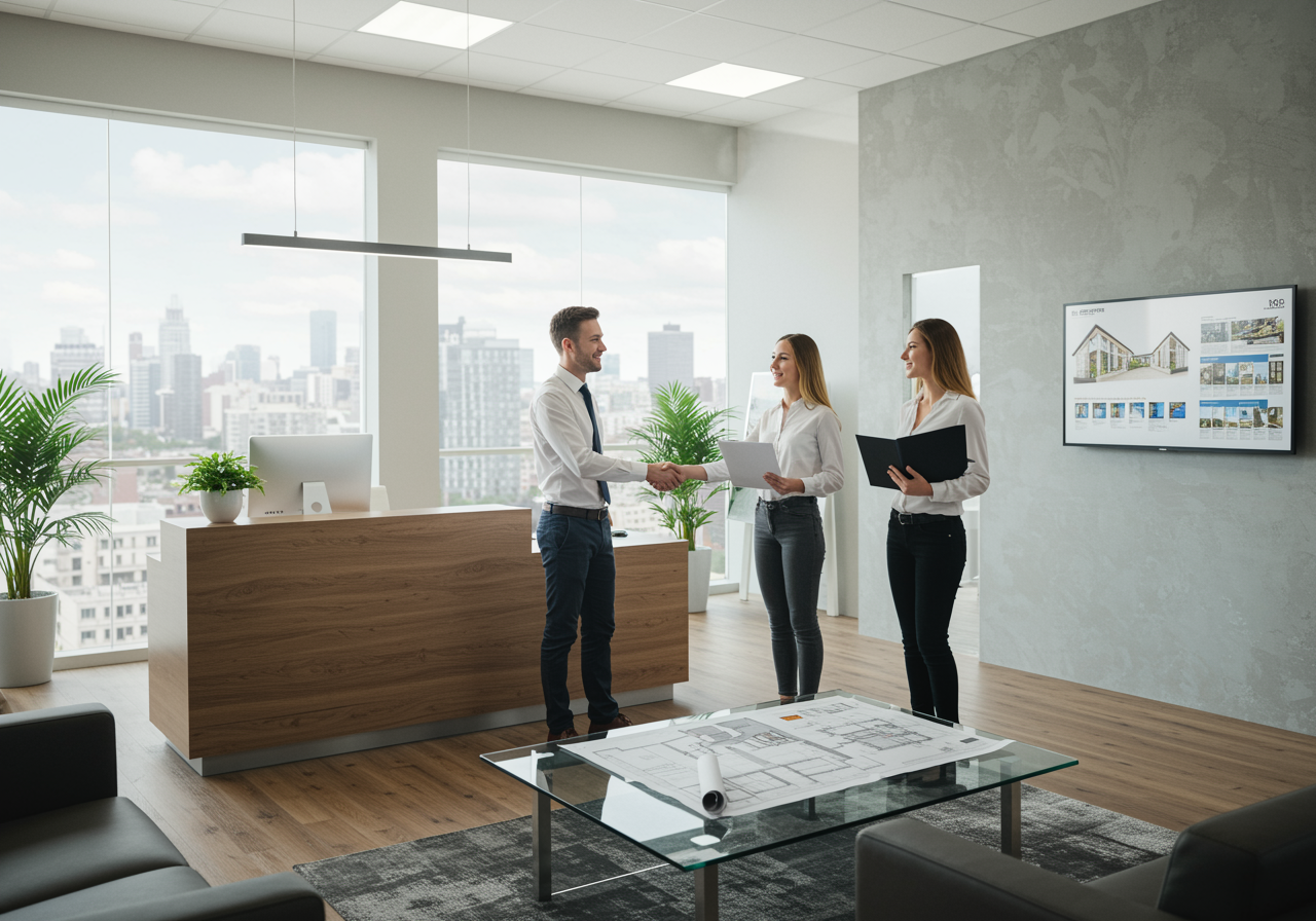 imagen7 1 3 "Ilustración digital ultra-realista de una oficina moderna de gestión inmobiliaria, donde un gerente amigable estrecha la mano de una clienta, destacando un ambiente profesional y acogedor."